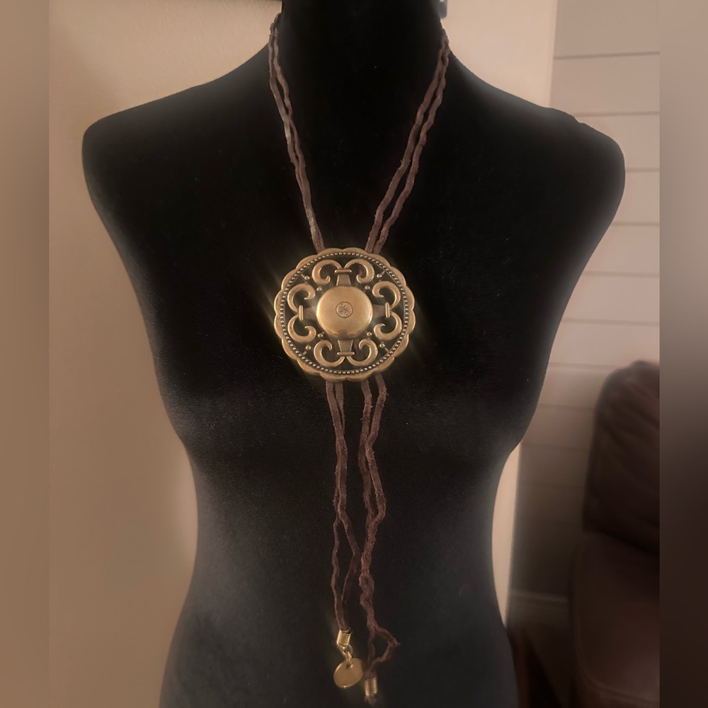 Gold Pendant Necklace with Brown Cord